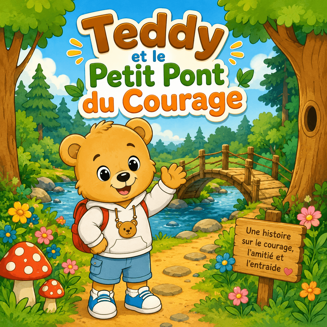 Couverture de 🐻✨ Titre : Teddy et le Petit Pont du Courage